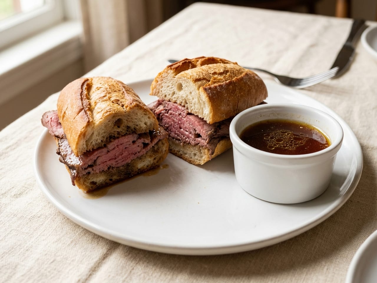 A French dip sandwich of thin-sliced rare roast beef in a crusty roll cut in half on a white plate, a small white ramekin of au jus beside it