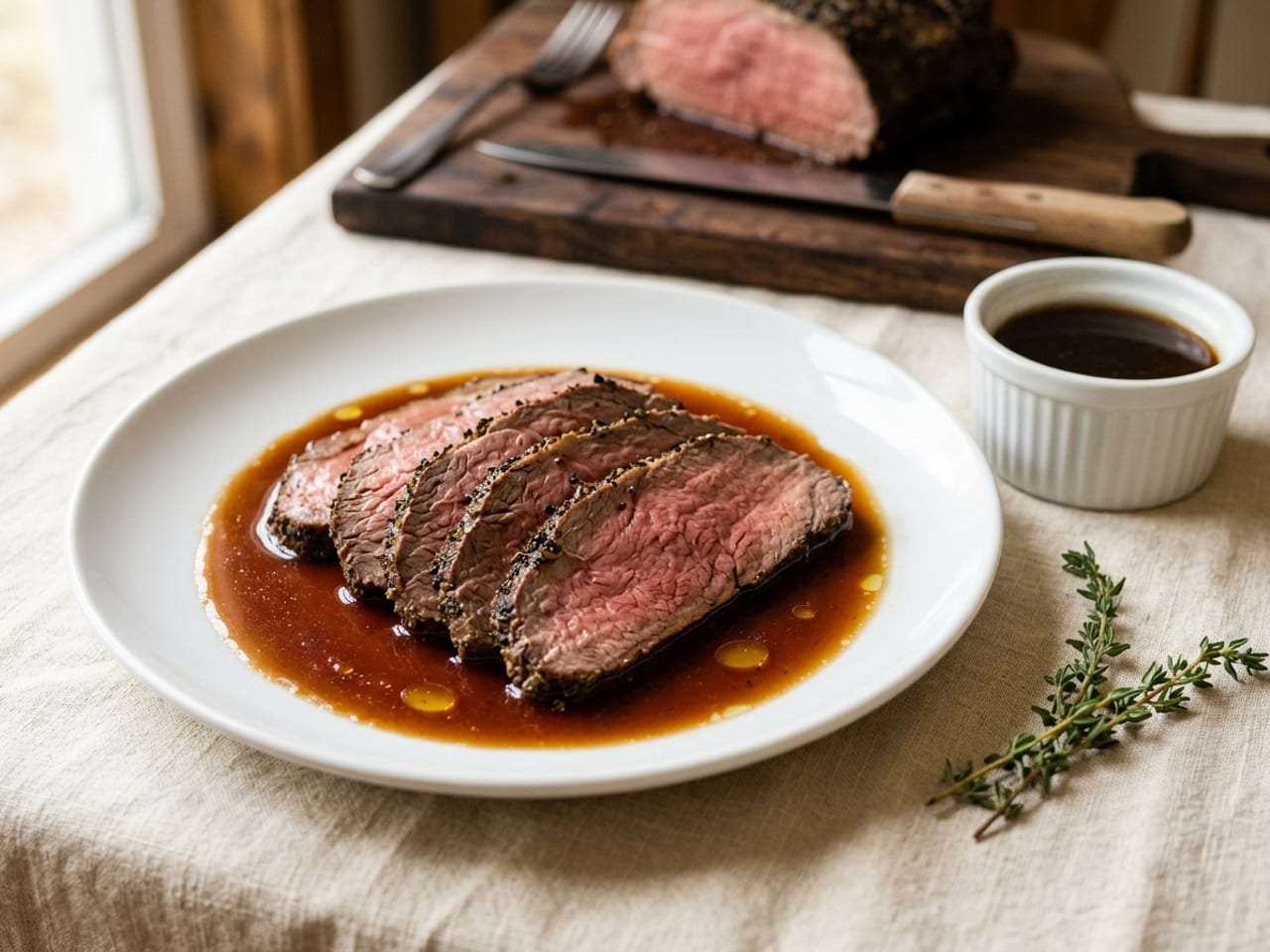 Five slices of medium-rare roast beef with a peppered crust fanned on a wide white plate over a pool of dark, translucent au jus flecked with golden fat, a small white ramekin of more jus and two thyme sprigs beside the plate, and the rest of the roast on a carving board behind