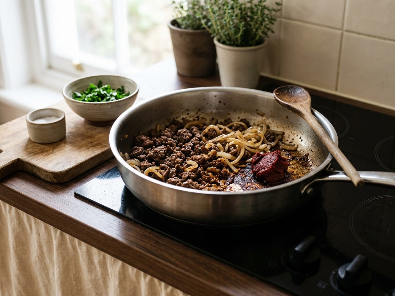 A wide stainless steel saucepan on the stove with ground beef browned into dark crusty crumbles, soft golden sliced onion and a spoon of tomato paste darkening at one side, a brown fond forming on the pan bottom and a wooden spoon on the rim