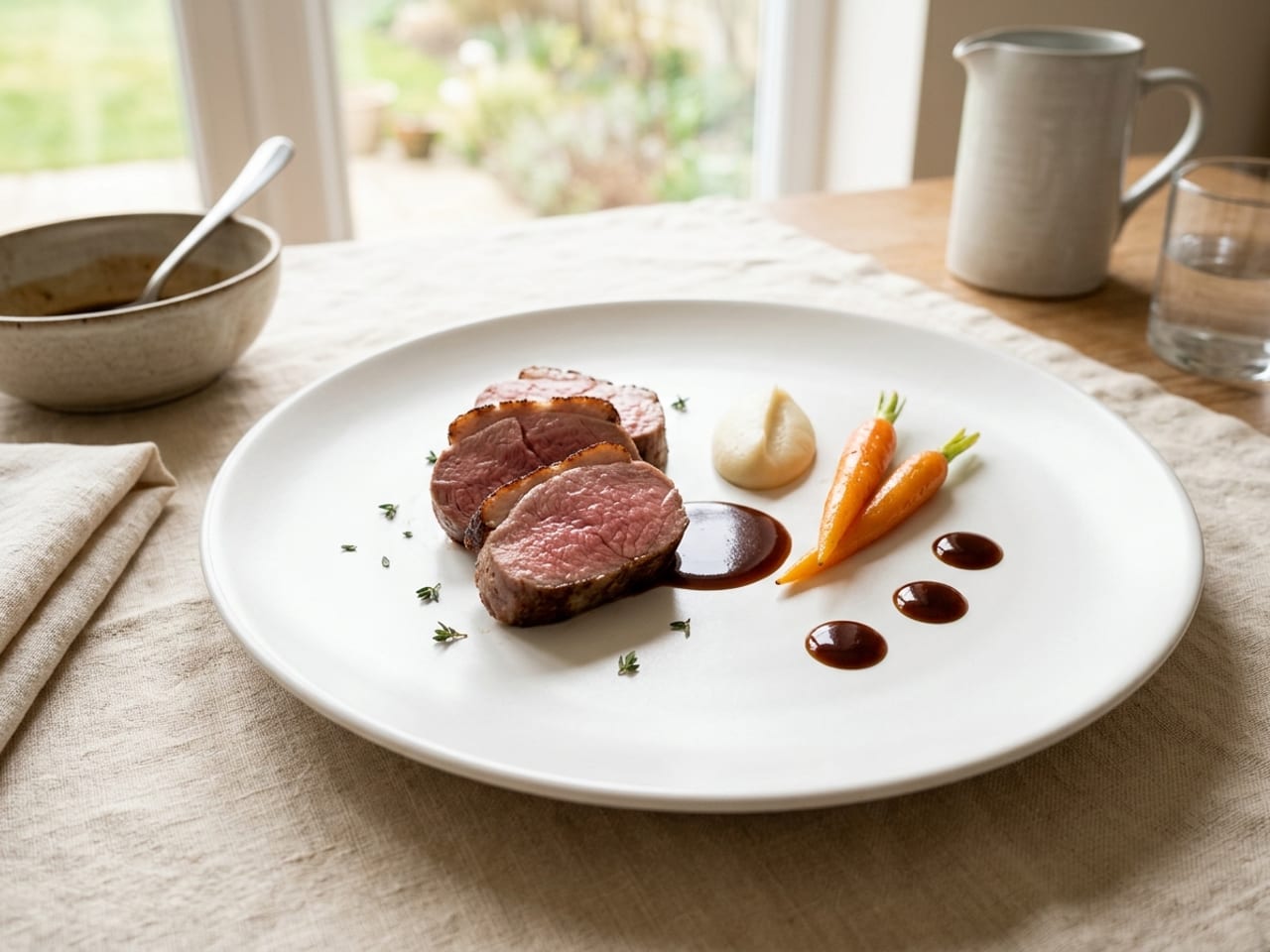 Slices of pink roast lamb loin on a large matte white plate with a quenelle of celeriac purée, two glazed baby carrots, thyme leaves and a small pool and three dots of dark glossy reduced lamb jus