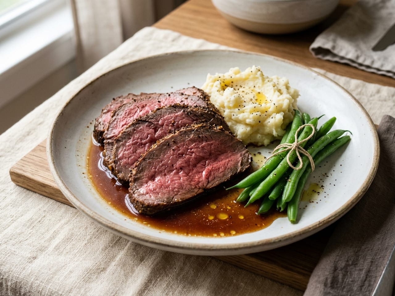 Slices of medium-rare roast beef fanned on a speckled white stoneware plate over a thin pool of au jus that shows at their edges, the crust dry, with mashed potatoes and a bundle of green beans tied with string beside them