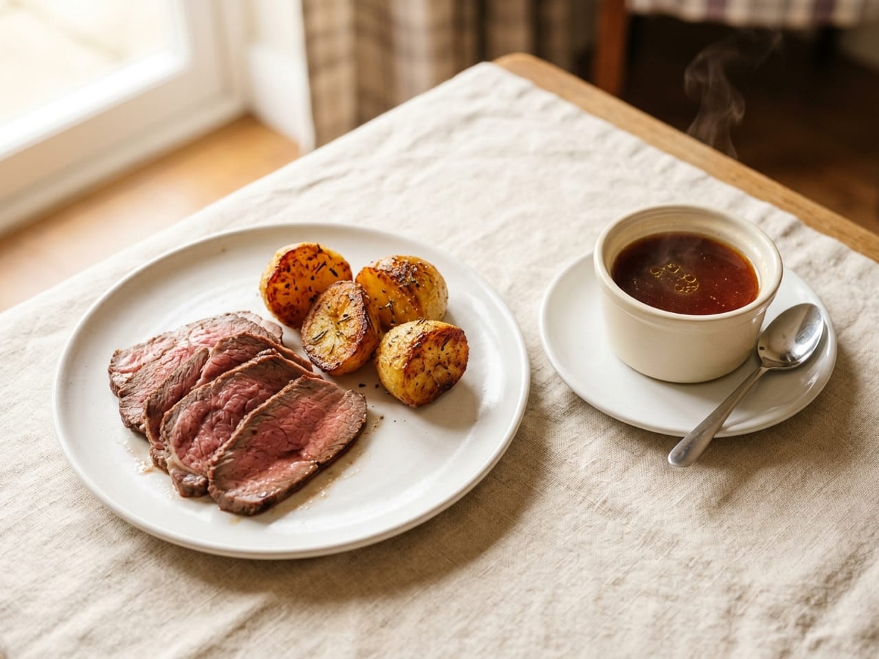 Sliced roast beef and roast potatoes on a white dinner plate with no sauce, beside it a warm white ramekin of au jus on a saucer with a wisp of steam and a small sauce spoon