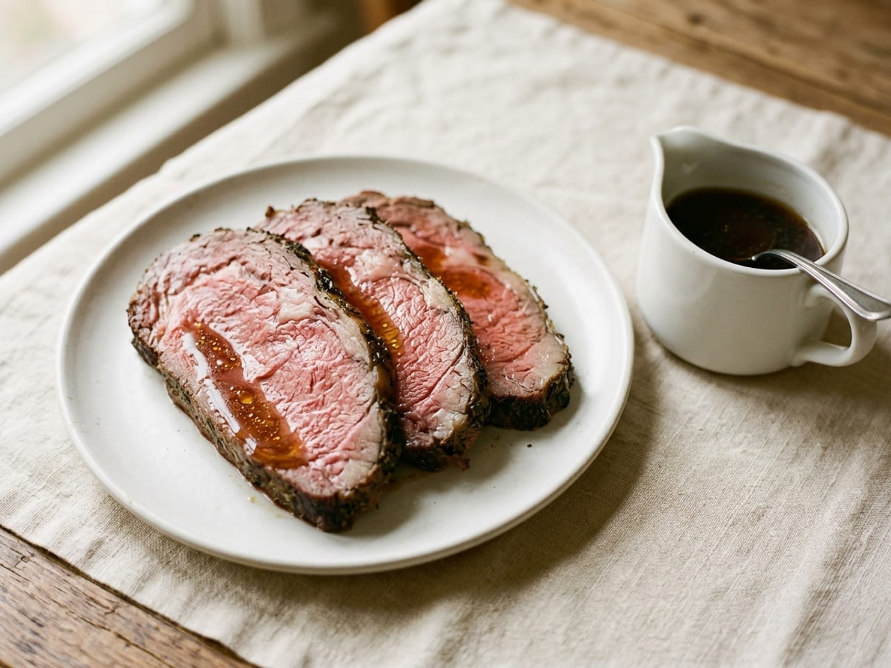 Three thick slices of medium-rare roast beef on a white plate with a thin glossy line of au jus spooned along the pink cut faces only, a silver spoon standing in a small white jug of jus beside the plate