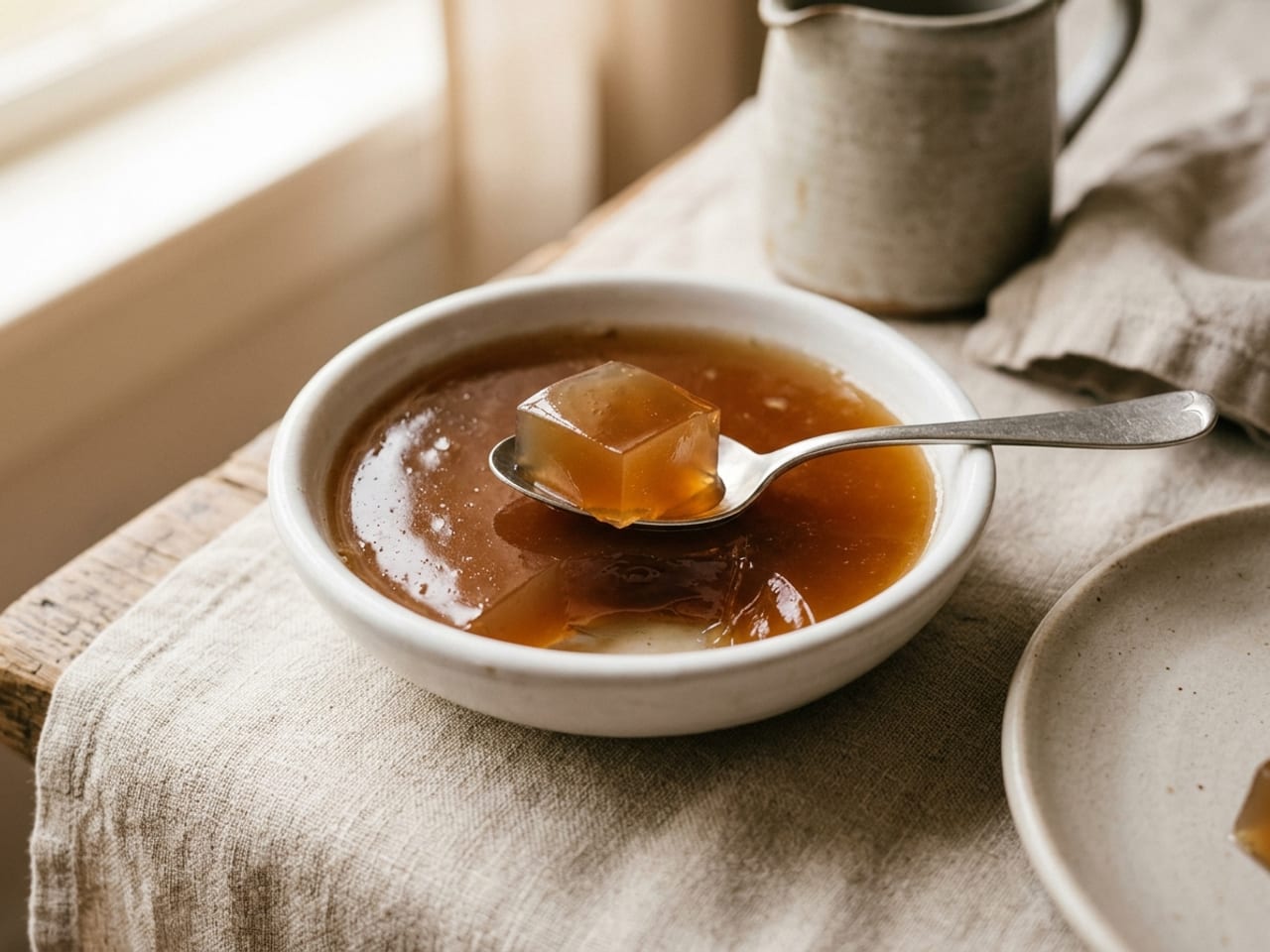 A small white bowl of chilled beef jus set into a firm, wobbly, translucent amber-brown jelly, a spoon resting in it holding a glossy, quivering cube cut from the jelly