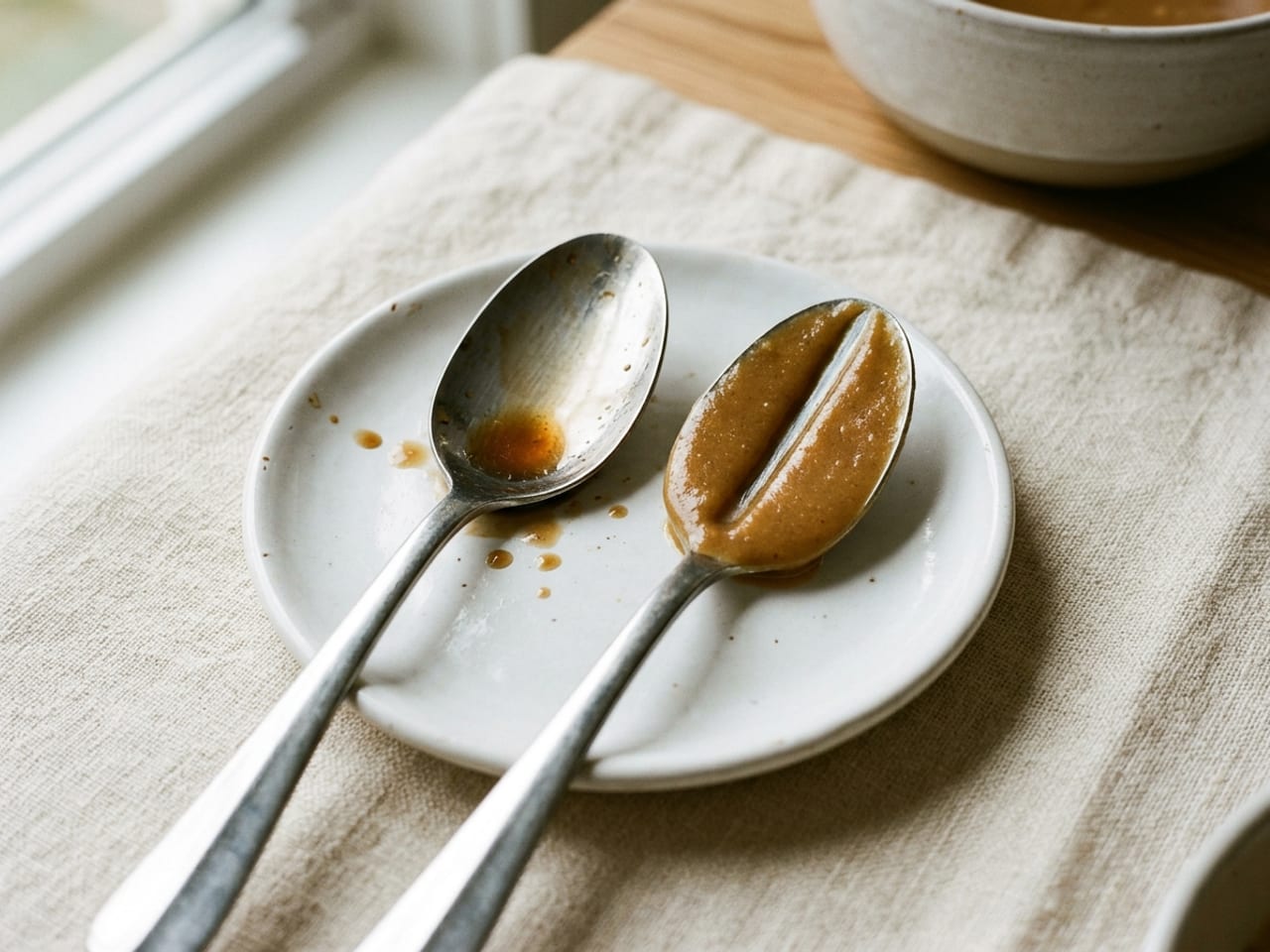 Two metal spoons backs up on a small white plate: the left one dipped in thin dark au jus with only a translucent film left and a few drips, the right one evenly coated in opaque light-brown gravy with a clean line drawn through the coating
