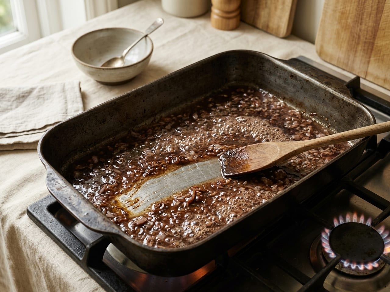 Red wine bubbling in a dark metal roasting pan over the stove, the brown fond dissolving into it, softened shallot in the pan and a flat wooden spoon resting where it scraped a clean path