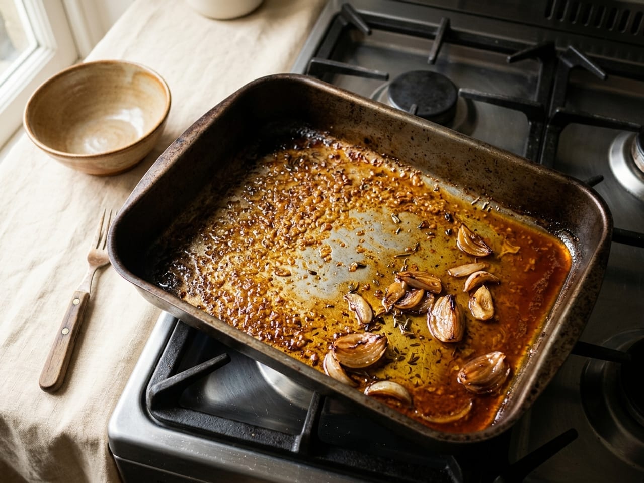 An empty dark metal roasting pan across a stovetop just after the roast came out, its bottom coated in golden-brown caramelized drippings under a shallow layer of golden fat and reddish juices, with a few browned shallot pieces in one corner