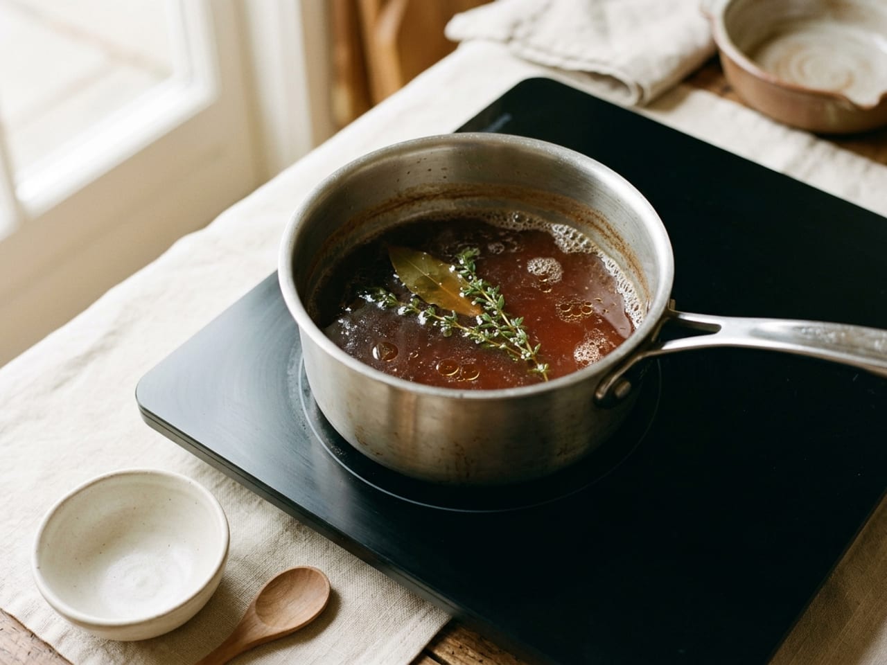 A small stainless steel saucepan of thin dark au jus simmering on a black glass hob, a thyme sprig and a bay leaf floating in it