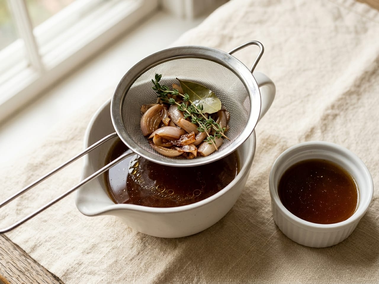 A fine-mesh strainer holding softened shallot, a thyme sprig and a bay leaf resting across a white gravy boat filled with clear dark au jus, a small ramekin of jus beside it
