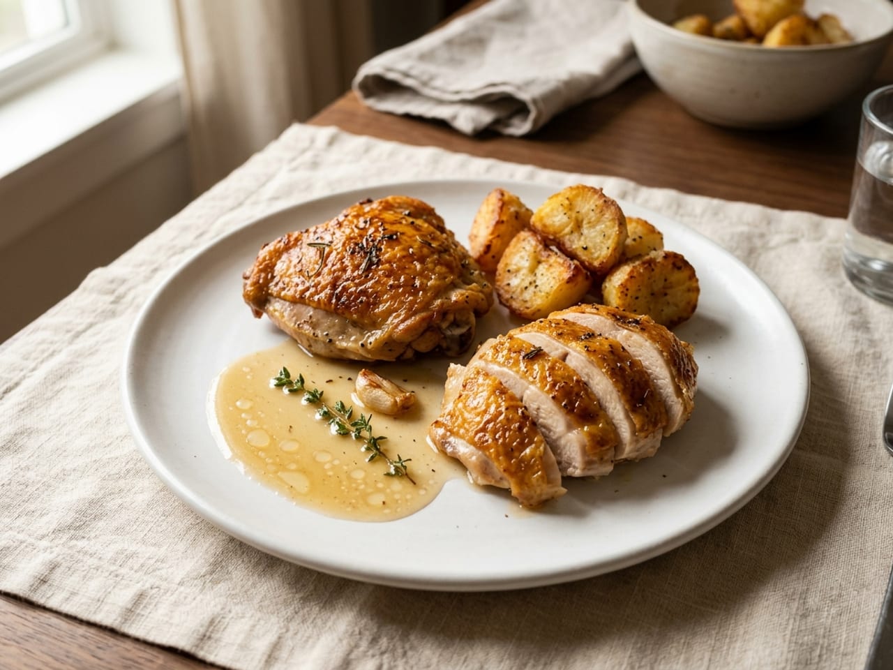 A roast chicken thigh and sliced breast with golden crisp skin on a white plate, a small pool of light golden translucent chicken jus beside them with a thyme sprig and a roasted garlic clove, and a few roast potatoes