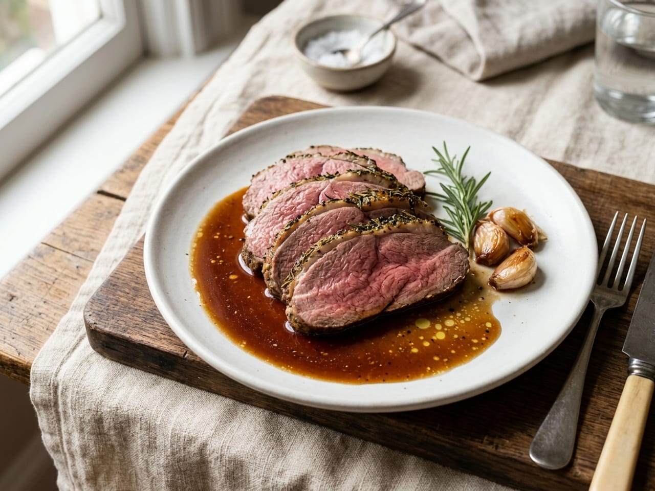 Slices of pink roast leg of lamb with a browned herb crust on a white plate over a thin pool of dark glossy lamb jus, a rosemary sprig and roasted garlic cloves beside