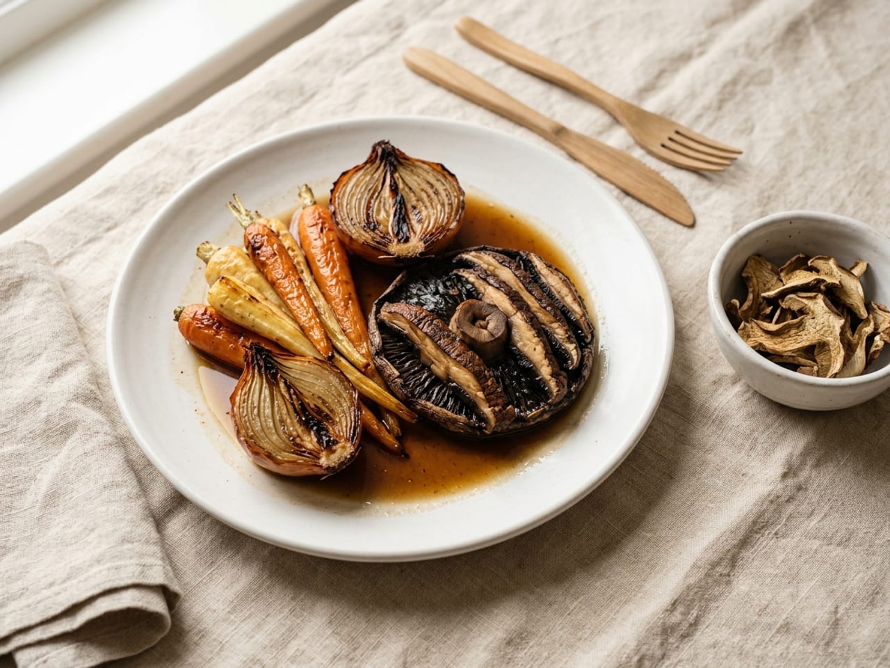 A vegetarian plate of roasted carrots and parsnips, two roasted onion halves and a whole roasted portobello cap cut into thick strips, over a pool of dark brown translucent mushroom jus, a small bowl of dried porcini beside