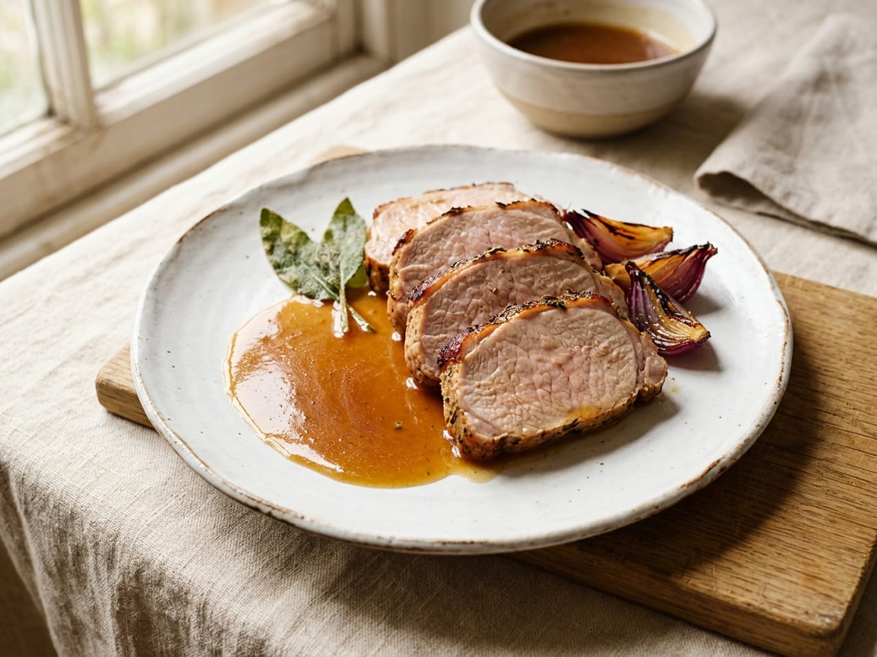 Thick slices of roast pork loin with a browned edge on a white plate, a small pool of amber-brown translucent pork jus beside them, two fried sage leaves and roasted red onion wedges