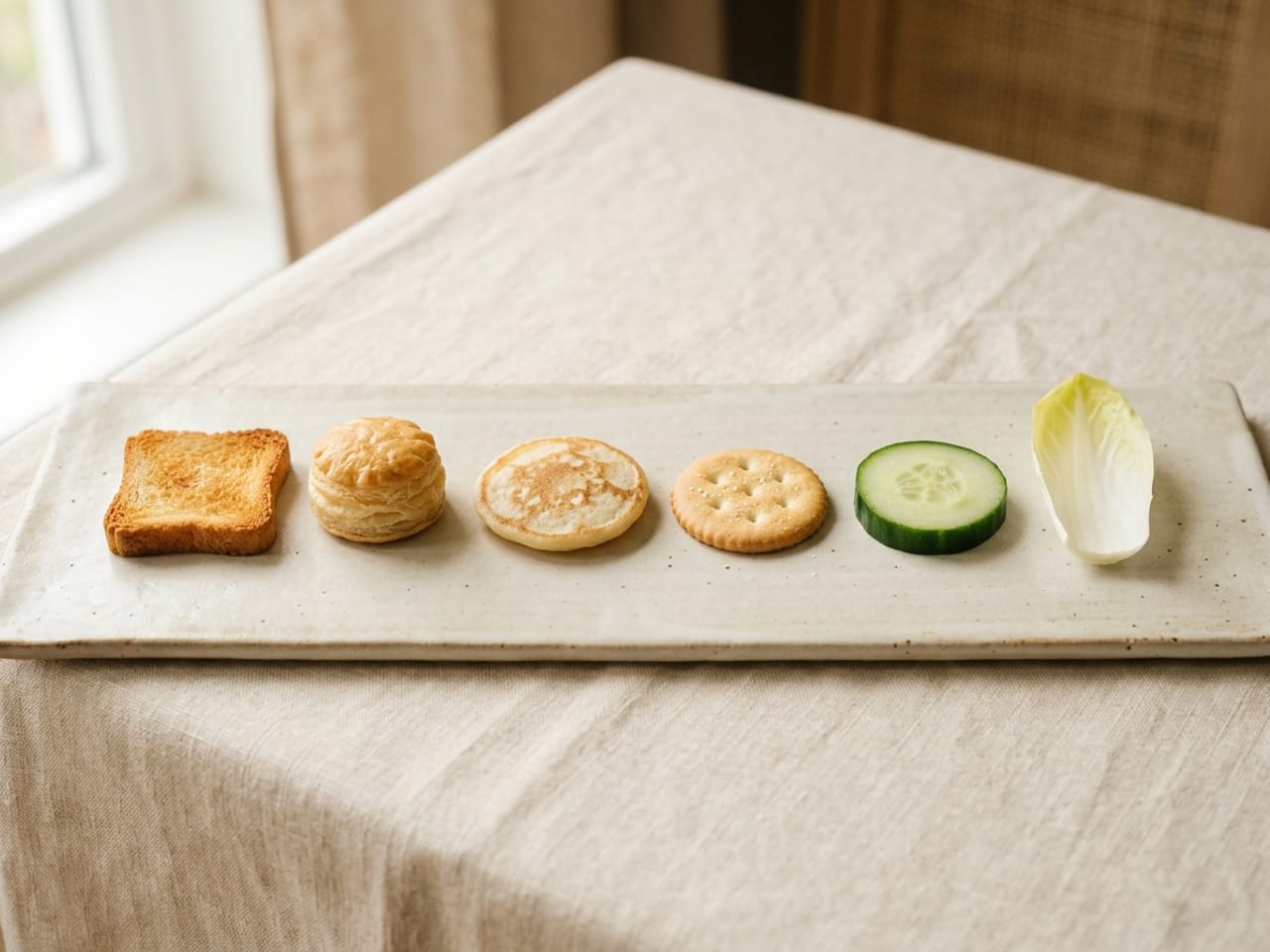 Six unfilled canapé bases in a row on a long cream ceramic board on linen, from left to right: a square of golden toast, a round of puff pastry, a small blini, a plain cracker, a thick cucumber round and a single Belgian endive leaf