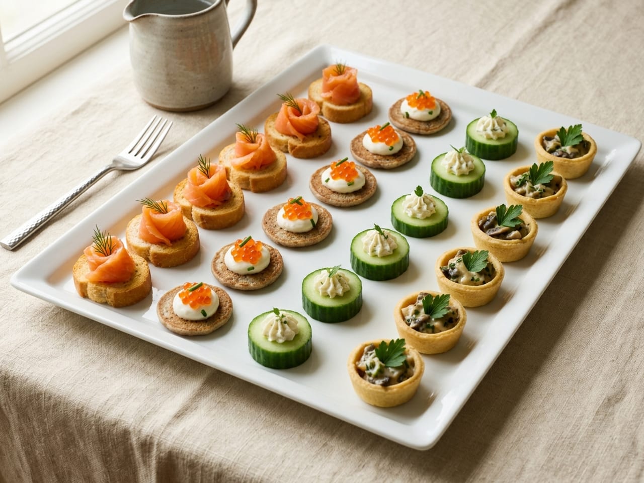 A rectangular white porcelain tray of mixed one-bite canapés set in neat straight rows on cream linen: rounds of toast with smoked salmon and dill, dark bread rounds with cream cheese and orange roe, thick cucumber rounds with a mound of herbed cream cheese and a parsley leaf, and small golden tartlet cases filled with mushroom, each row one kind, a fork and a small pitcher beside the tray