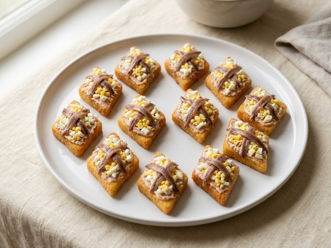 Diamond-shaped pieces of golden fried bread on a white plate, each spread with pale anchovy butter and topped with thin anchovy fillets crossed in a lattice, chopped egg white and sieved yolk in the gaps