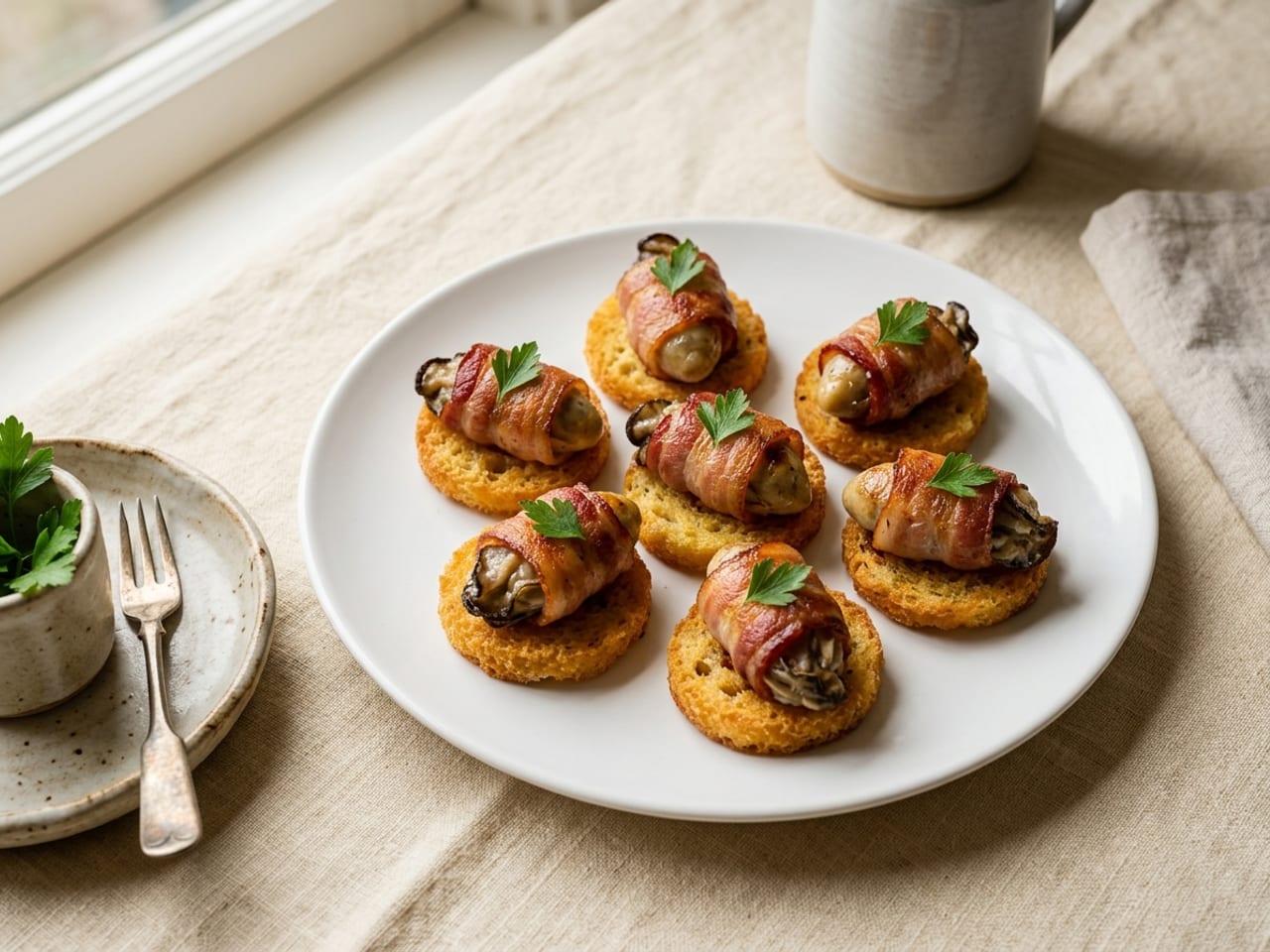 Hot oysters wrapped in crisp bacon, each sitting on a small round of golden fried bread, on a white plate with a small parsley sprig