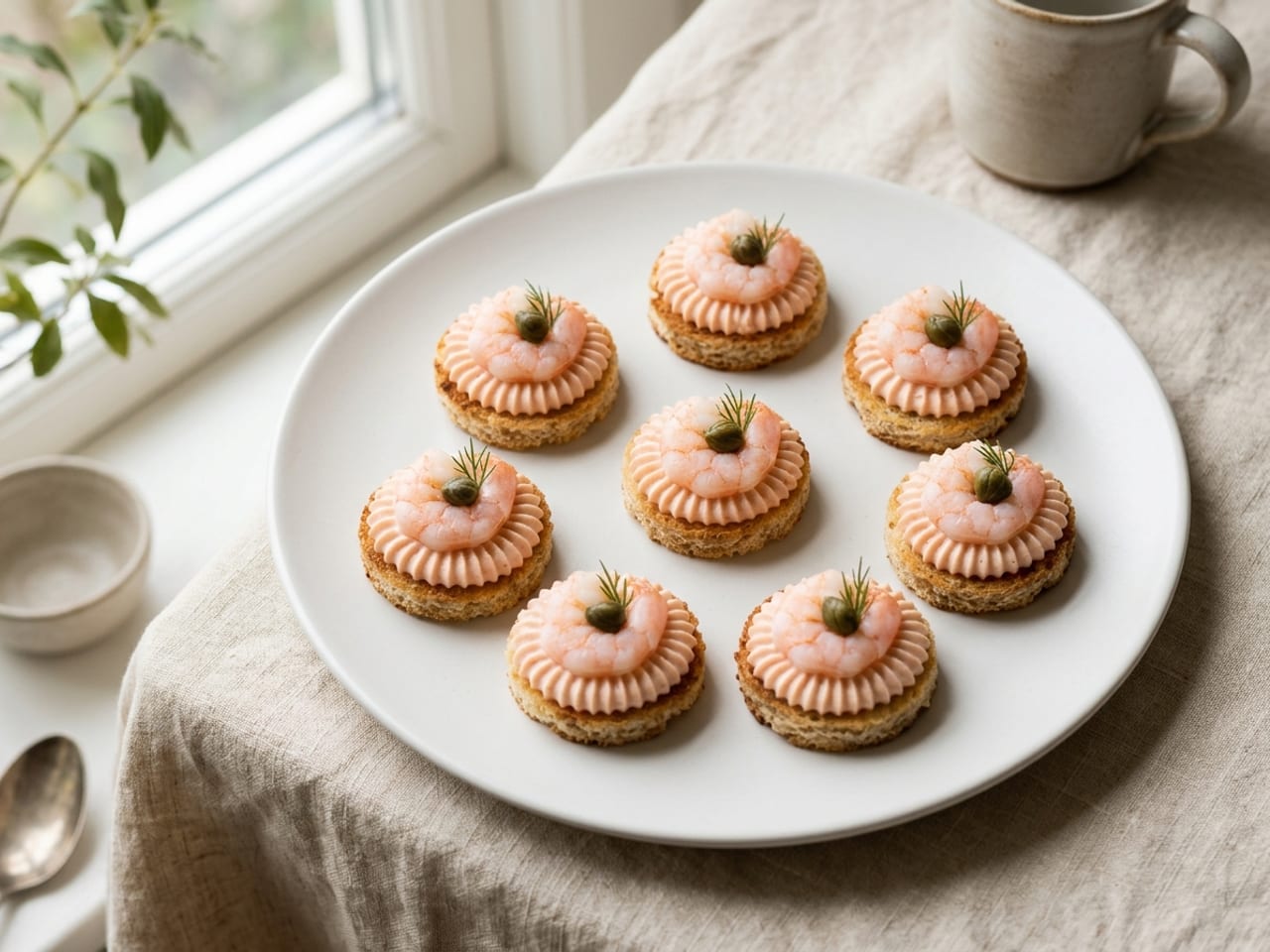 Small rounds of toast on a white plate, each piped with a border of pink shrimp butter and topped with a curl of pink cooked shrimp and a single caper with a tiny dill sprig