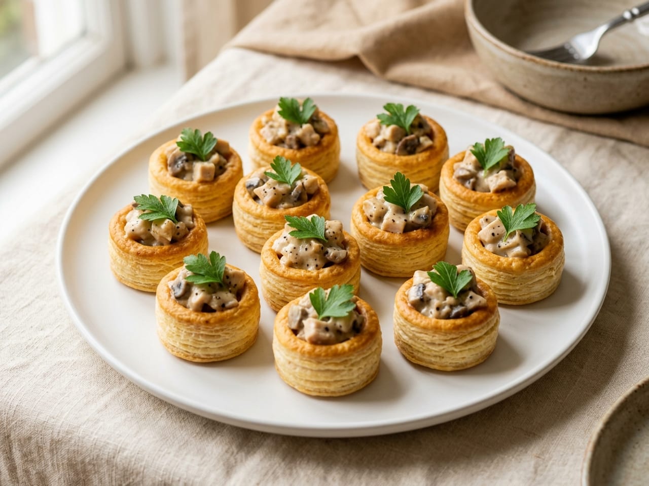 Small round golden puff pastry cases with straight flaky sides on a white plate, each filled with creamy chicken and mushroom in a pale sauce and topped with a parsley leaf