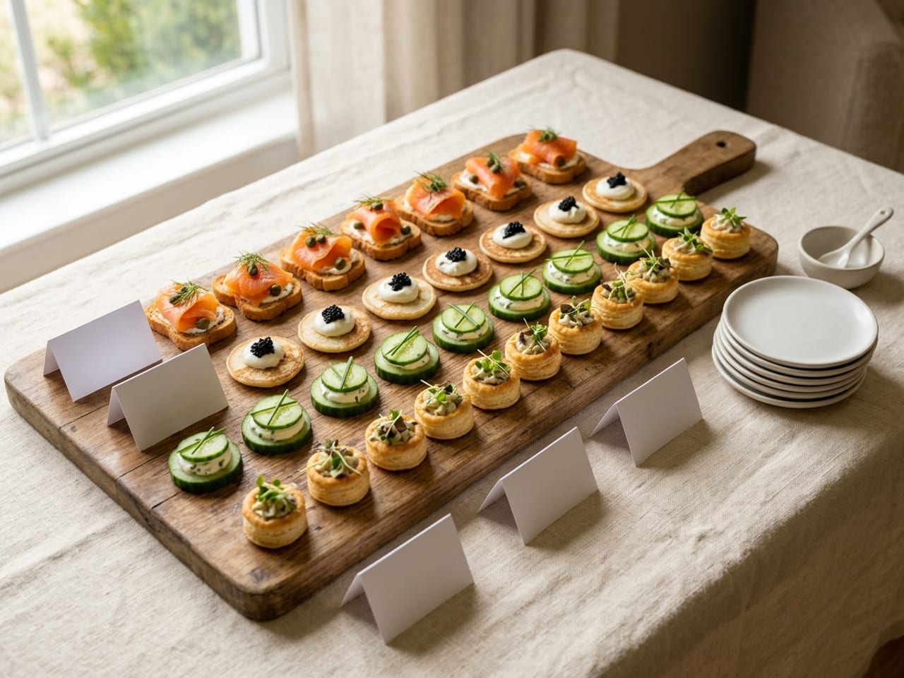 A long wooden board on a buffet table holding several kinds of canapés, each kind in its own straight row, with a small blank white card in front of each row and a stack of small plates beside the board