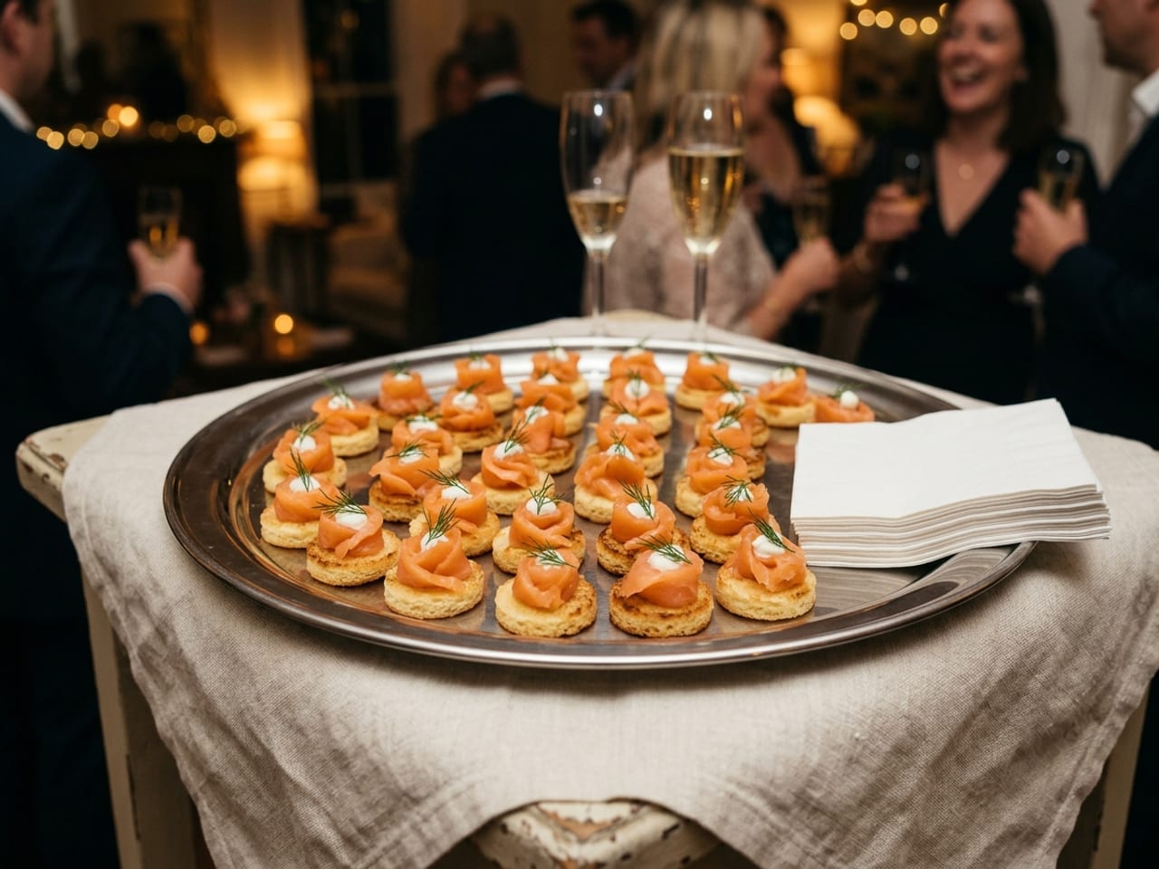 A round silver tray of identical canapés set in neat straight rows, with a small stack of white cocktail napkins at one side, resting on a small side table at an evening party, glasses of sparkling wine and warm lights softly out of focus behind it