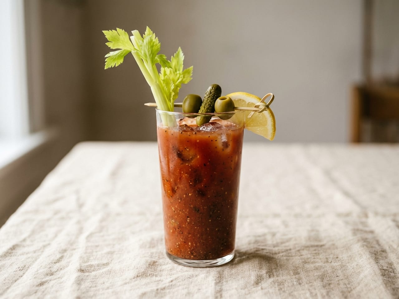 A Bloody Mary in a tall glass over ice with a leafy celery stalk standing in it, a lemon wedge on the rim and a pick of green olives and a small pickle