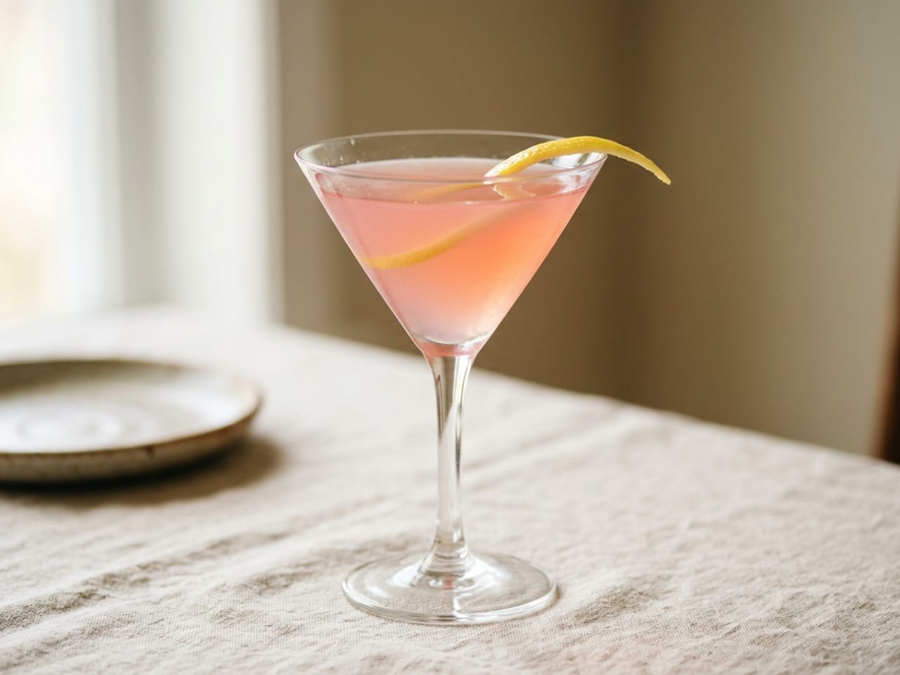 A pale pink Cosmopolitan in a stemmed cocktail glass with a long thin lemon twist laid across the surface