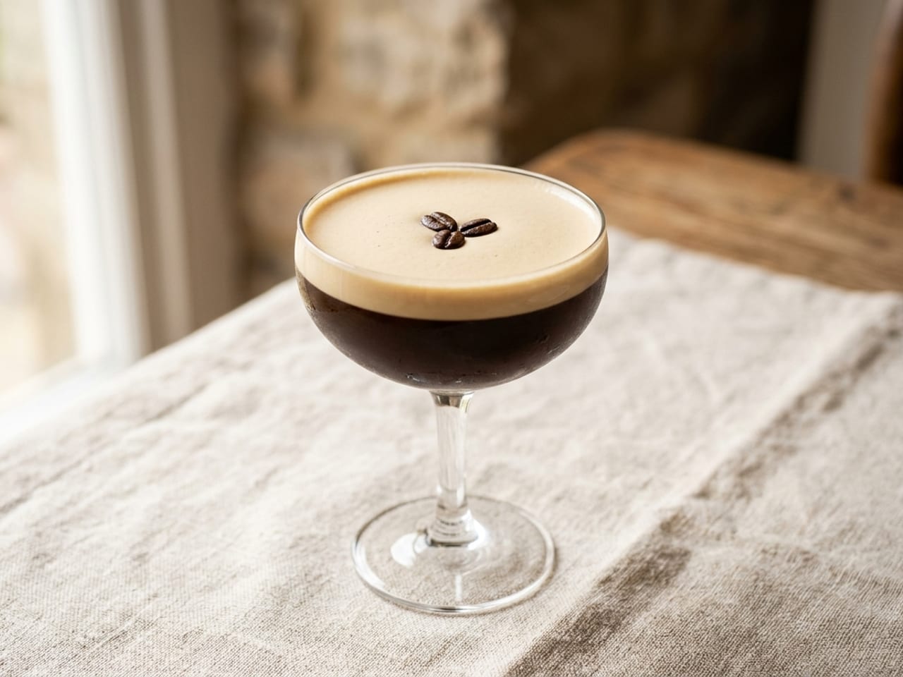 An Espresso Martini in a stemmed coupe with a thick pale tan crema, three dark coffee beans set together in the centre of the foam