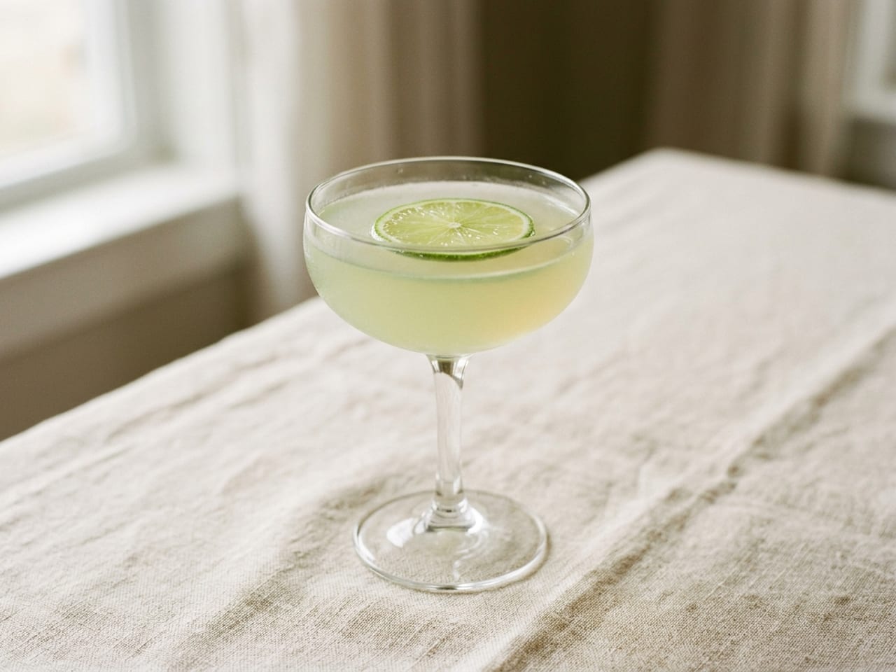 A pale green-yellow Gimlet in a stemmed coupe with one thin lime wheel floating on the surface