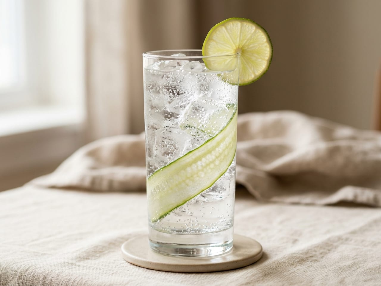 A Gin and Tonic in a tall highball glass full of ice, a long thin cucumber ribbon running up the inside of the glass and a lime wheel on the rim