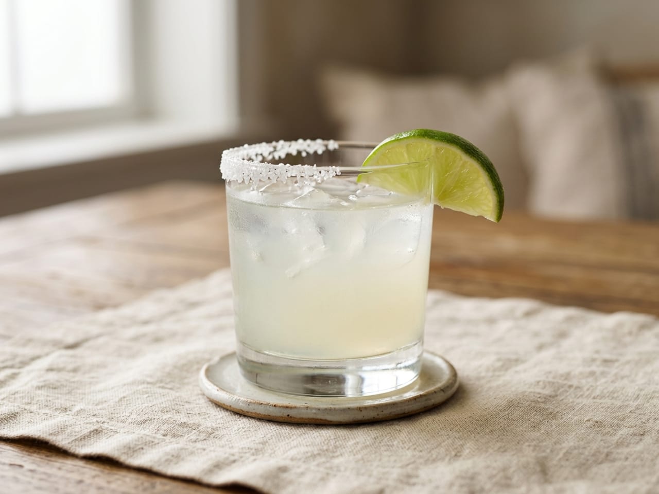 A Margarita on the rocks in a short tumbler on a stoneware coaster, coarse salt around the rim and a lime wedge perched on the edge