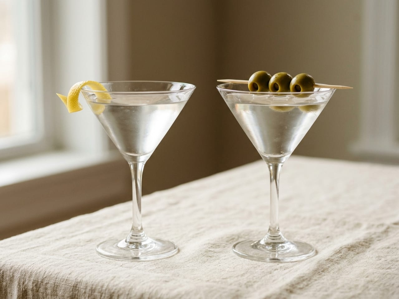 Two dry Martinis side by side in stemmed cocktail glasses: the left with a thin lemon twist curled on the rim, the right with three green olives on a cocktail pick laid across the rim
