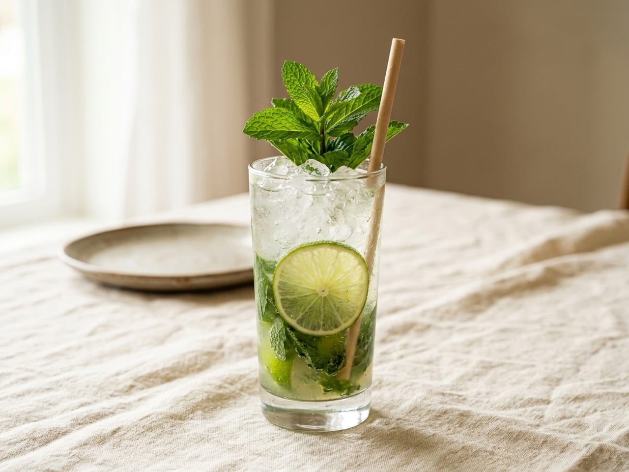 A tall Mojito in a highball glass full of crushed ice, a full bushy mint sprig standing up beside a straw and a lime wheel against the glass