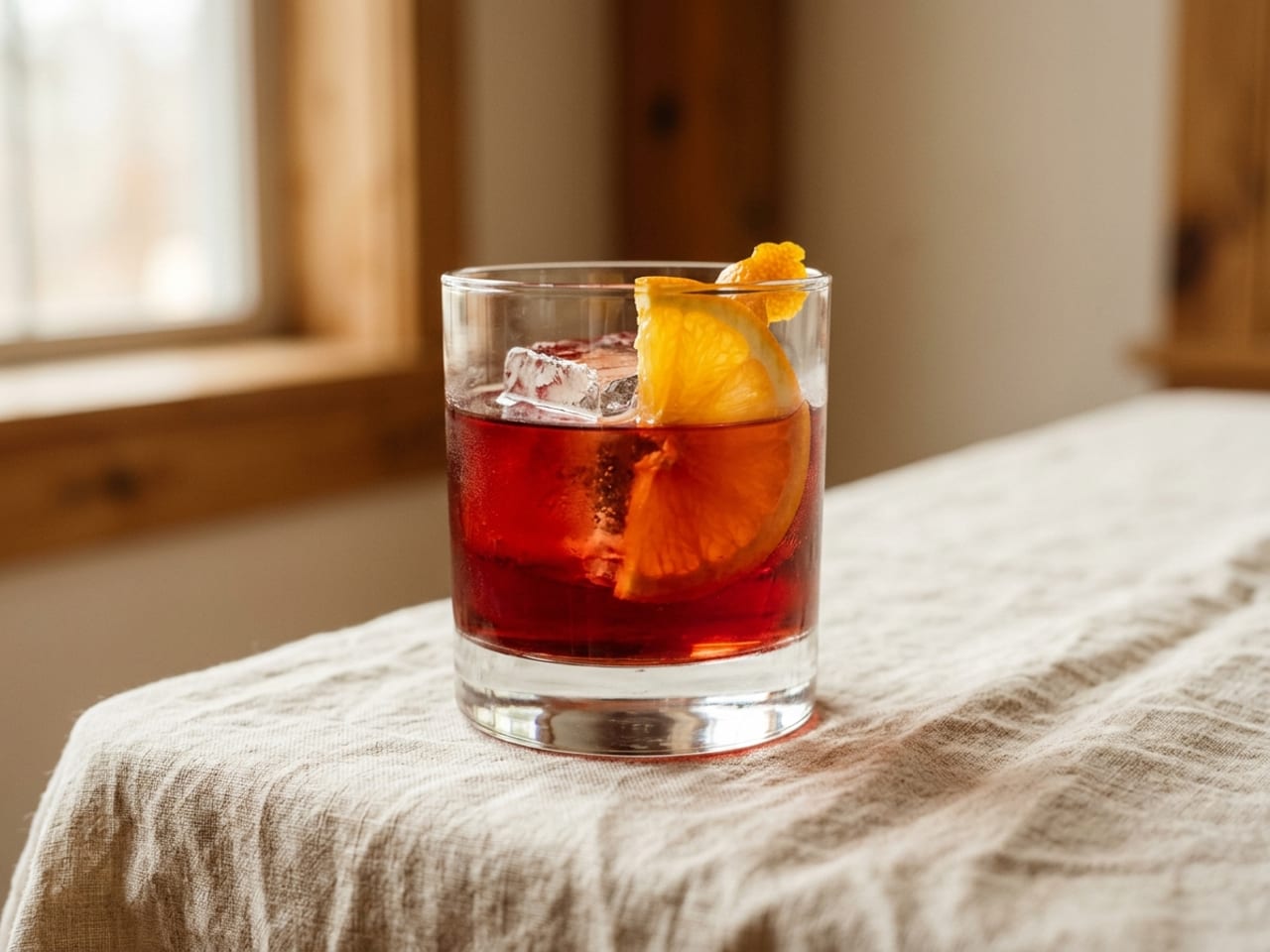 A deep red Negroni in a heavy rocks glass over one large clear ice cube, half an orange slice tucked upright between the ice and the glass