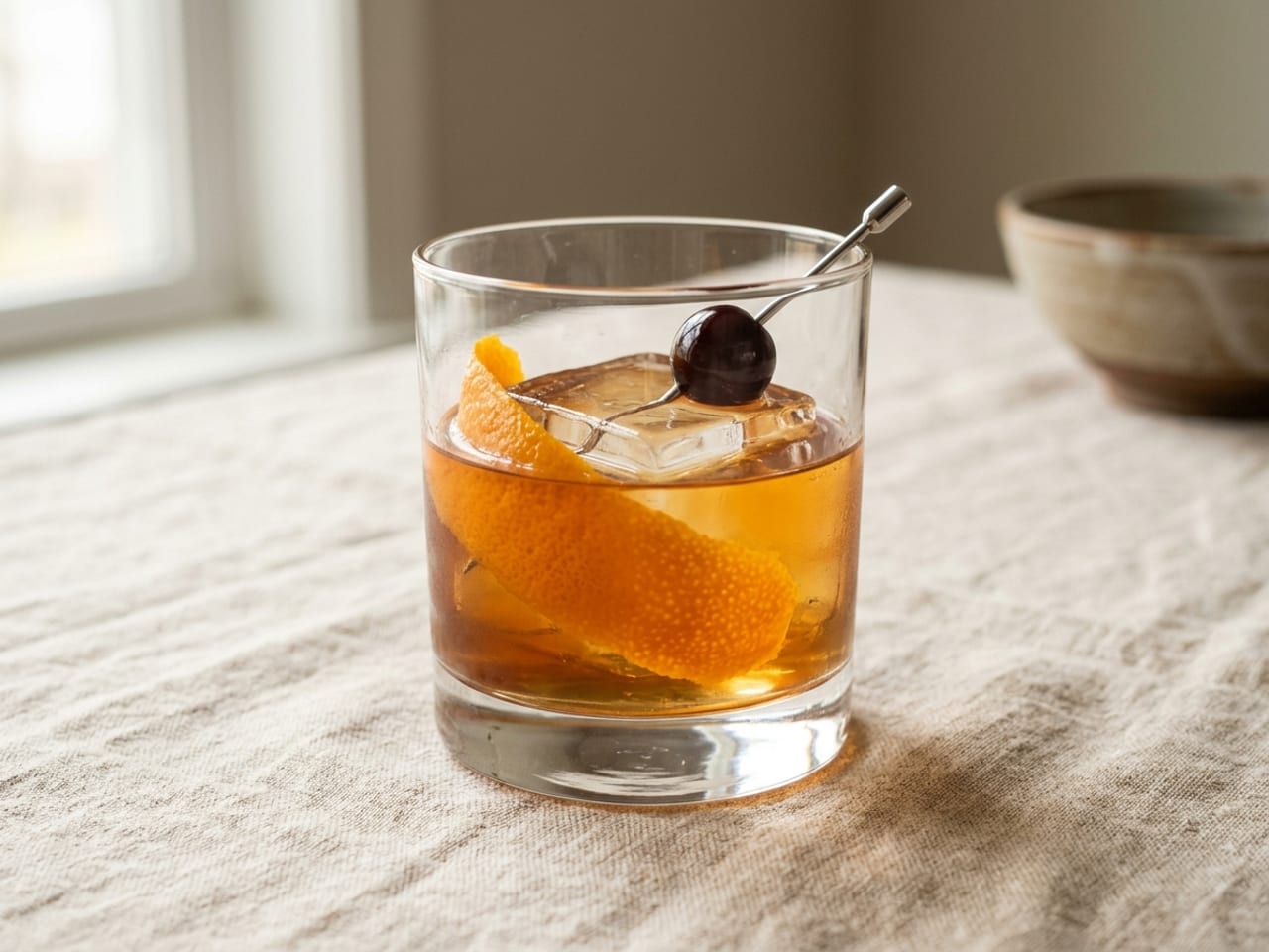 An amber Old Fashioned in a rocks glass over one large ice cube, a wide swath of orange peel laid against the cube and a single dark cocktail cherry on a short metal pick