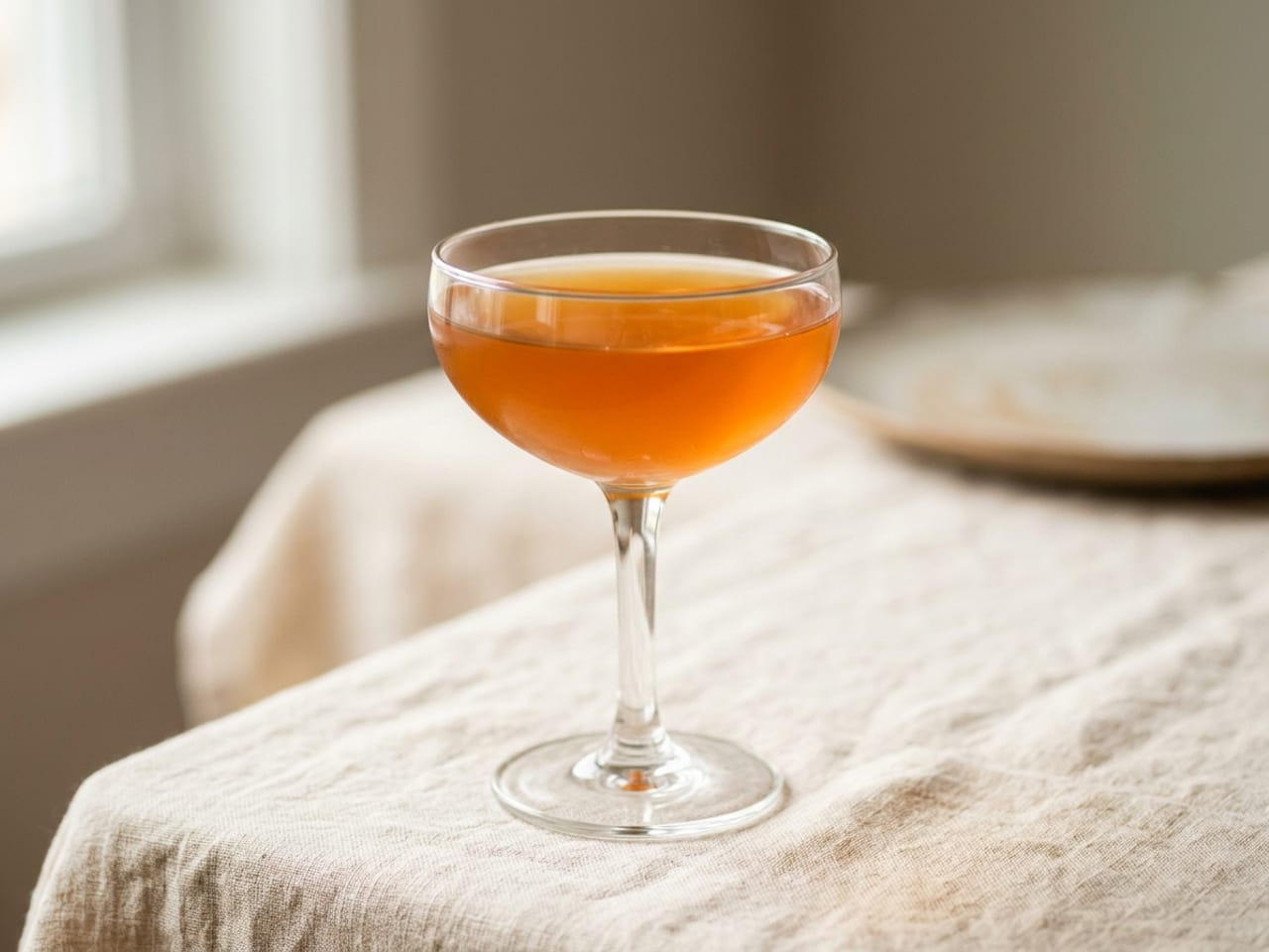 A clear orange-amber Paper Plane in a stemmed coupe with no garnish at all, the rim spotless