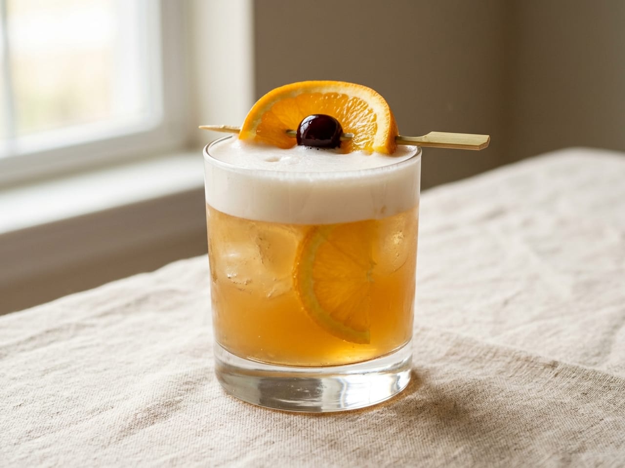 A Whiskey Sour with a thick white foam top in a rocks glass, a flag of an orange slice and a dark red cherry on one cocktail pick resting across the rim