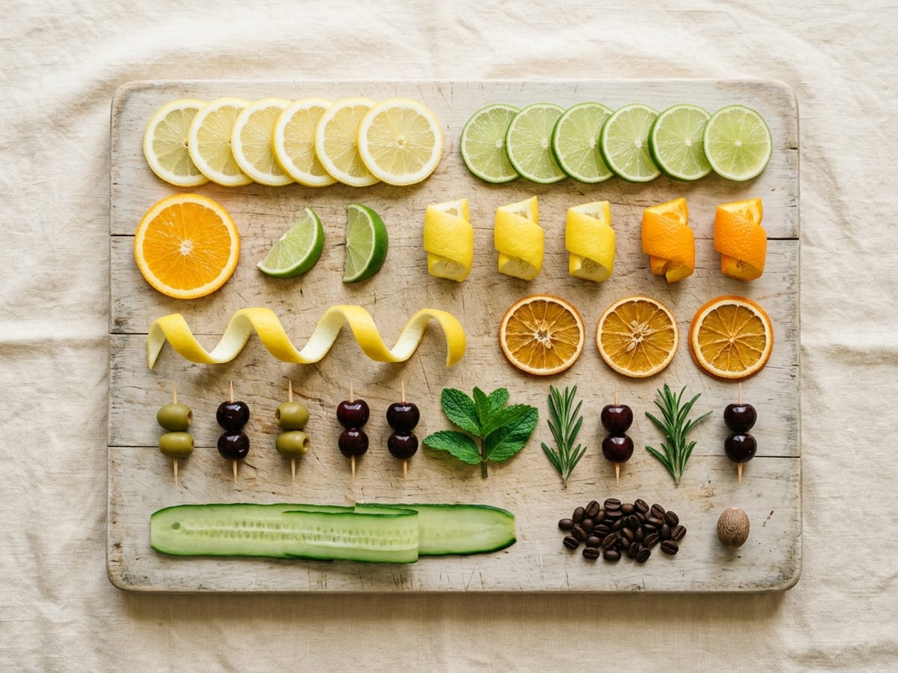 A flat-lay of cocktail garnishes on a wooden board: rows of lemon and lime wheels, an orange wheel, lime wedges, curled lemon and orange twists, a long lemon spiral, dried orange wheels, green olives and dark cherries on picks, mint and rosemary sprigs, cucumber ribbons, coffee beans and a whole nutmeg