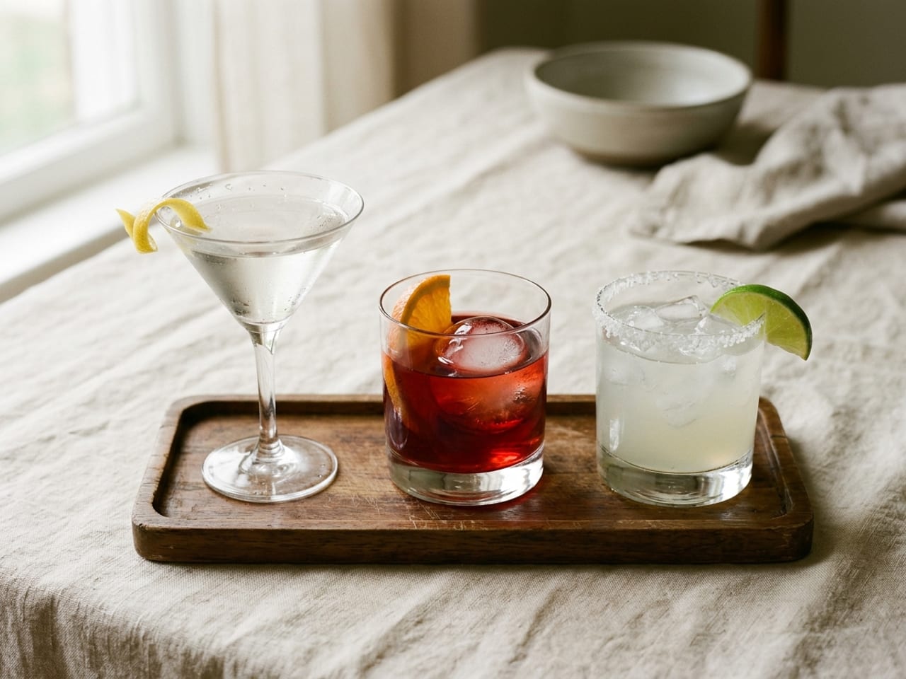 Three garnished classic cocktails on a small wooden tray on cream linen: a Martini in a stemmed glass with a lemon twist on the rim, a deep red Negroni over one large ice cube with half an orange slice, and a Margarita on the rocks in a salt-rimmed tumbler with a lime wedge on the rim