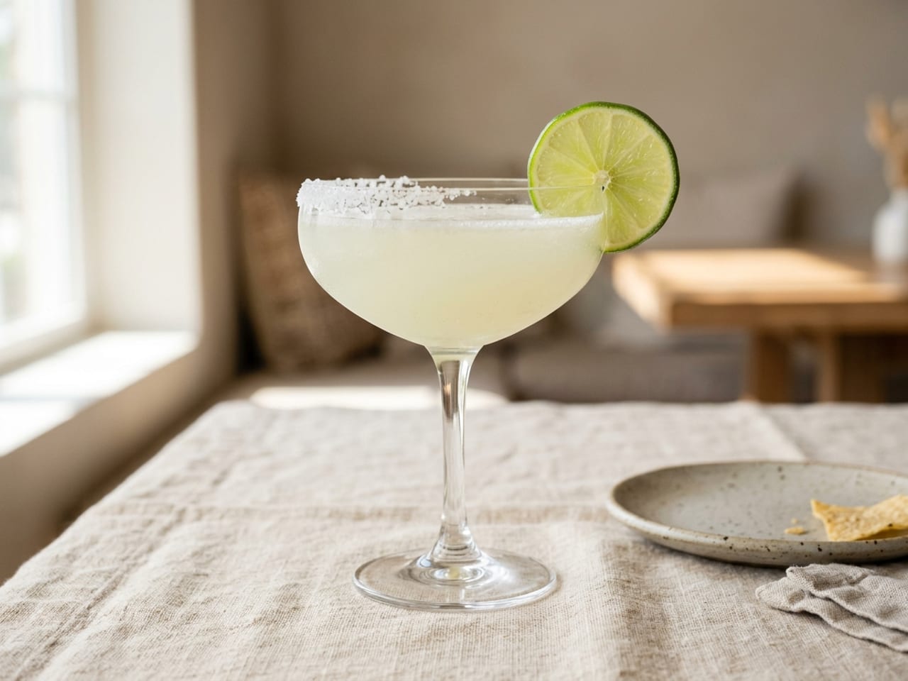 The same Margarita in the same coupe with a thin, even band of coarse salt on the outside of the rim and a fresh bright green lime wheel, the table clean