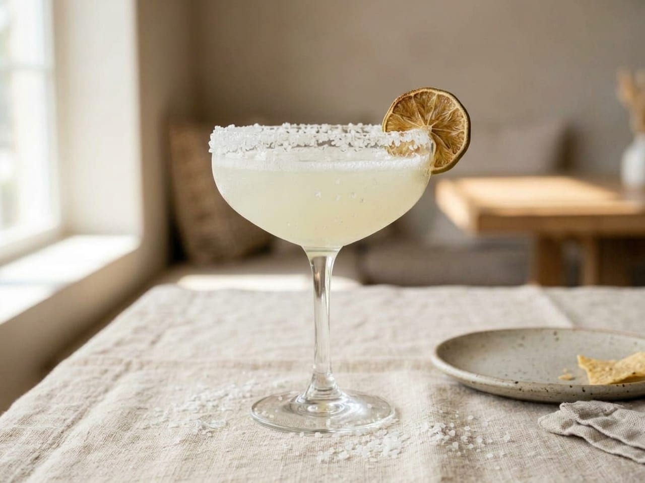 A Margarita in a stemmed coupe with a thick, heavy crust of salt around the rim, salt grains scattered on the linen around the glass, and a dried-out, browning lime wheel on the rim