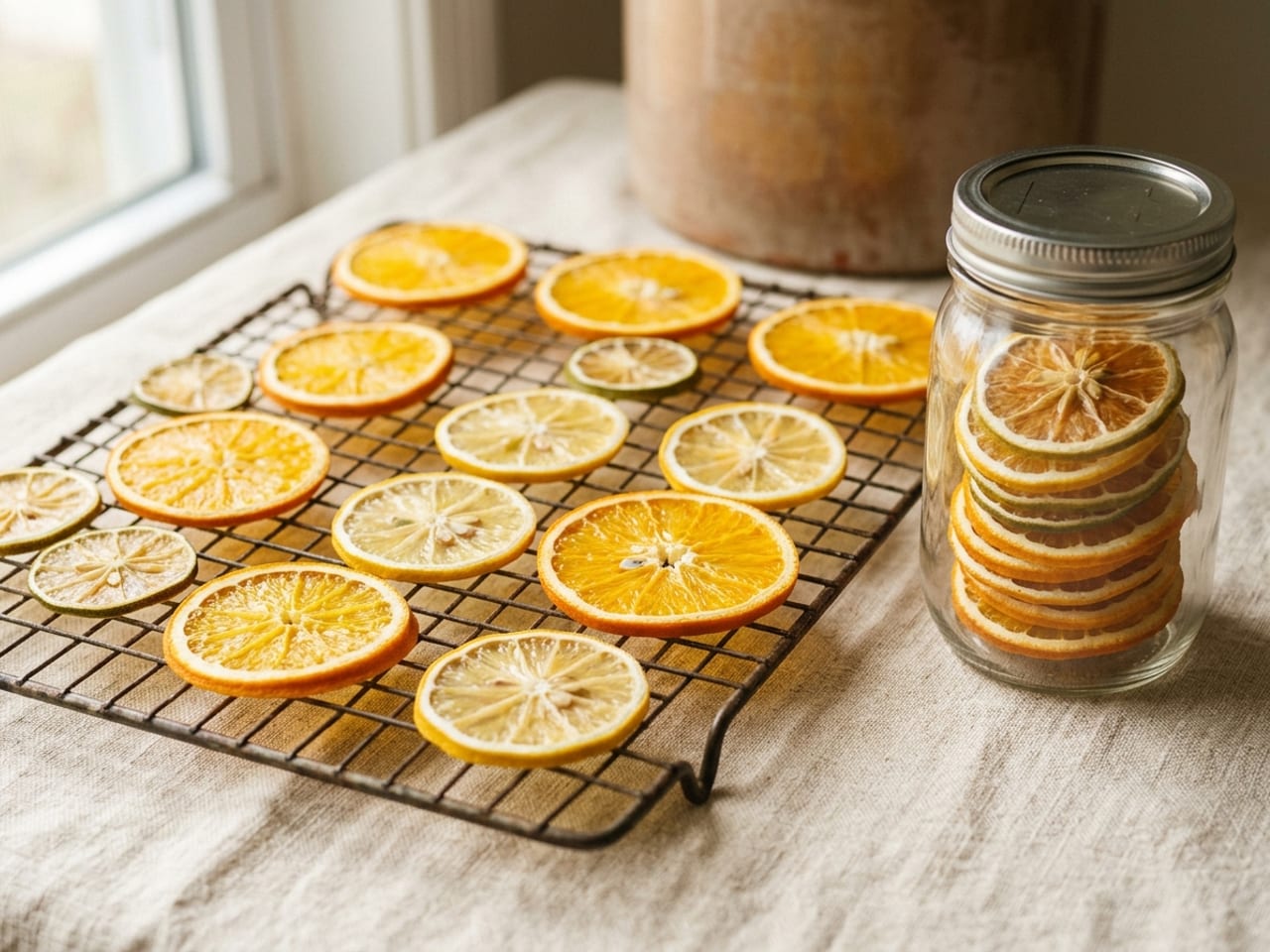 Translucent dehydrated orange, lemon and lime wheels in amber, yellow and green, some laid on a wire rack and some stacked in a small glass jar