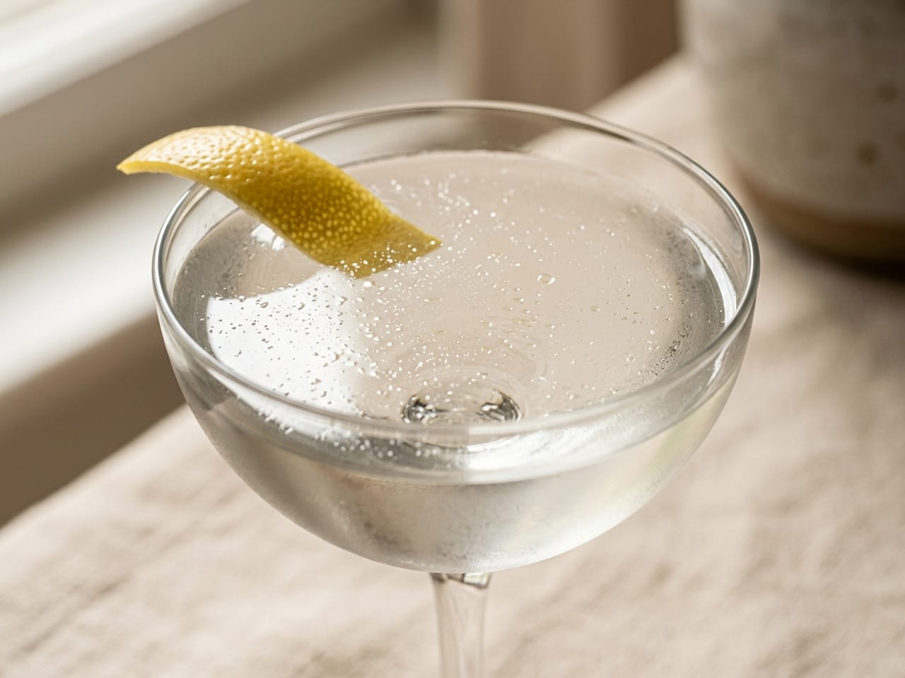 A close view of a lemon twist resting on the rim of a coupe of clear Martini, a fine sheen of tiny citrus oil droplets glistening on the surface of the drink