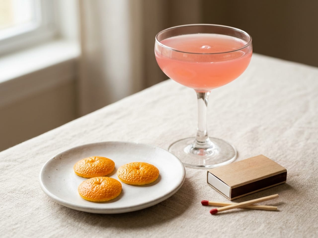 The set-up for a flamed orange peel: three round coins of orange zest on a small white plate, a box of wooden matches with two matches beside it, and a stemmed coupe of pale pink Cosmopolitan