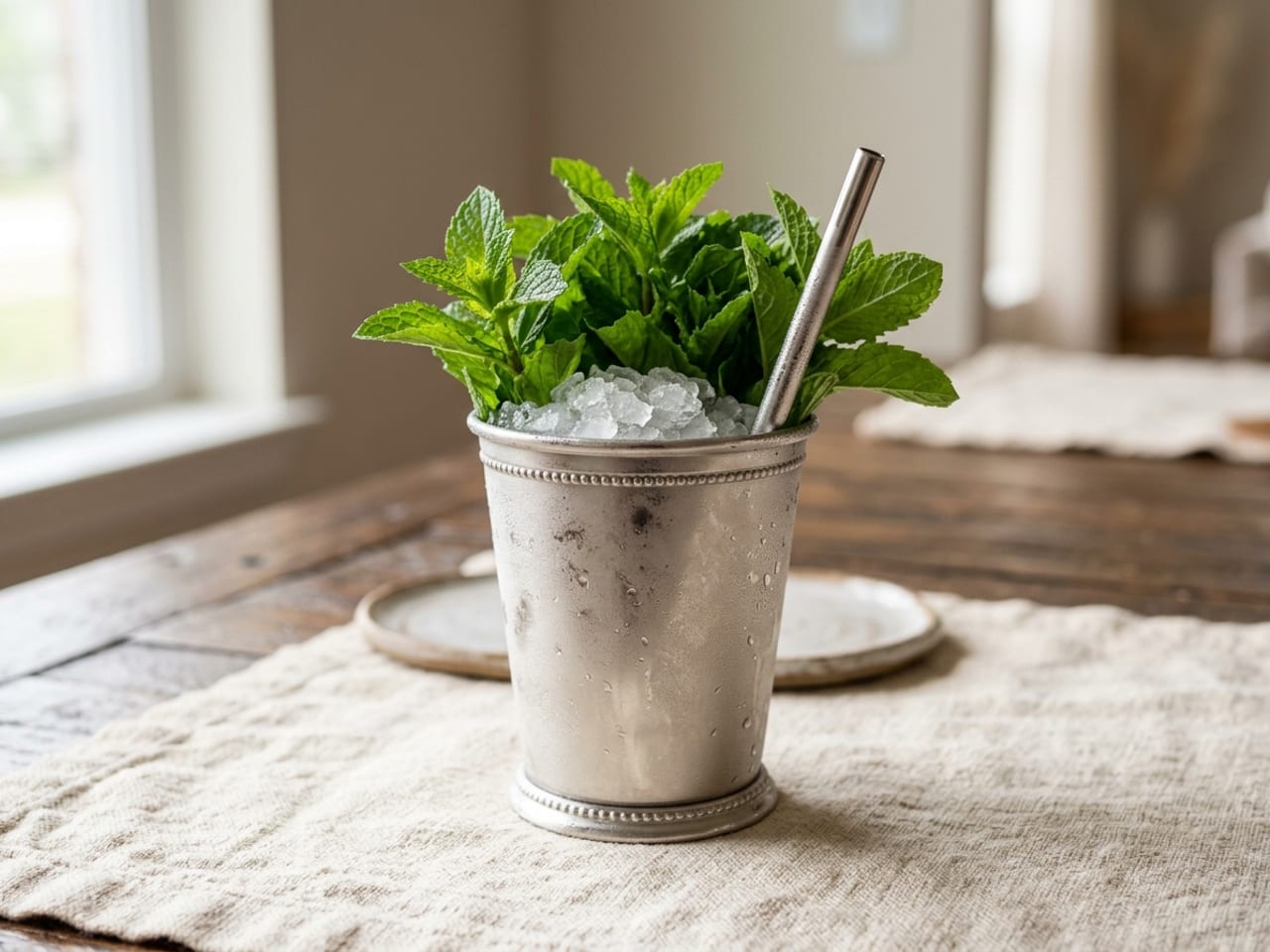 A silver julep cup packed with crushed ice and topped with a tall bouquet of fresh bright green mint sprigs, a short straw beside them