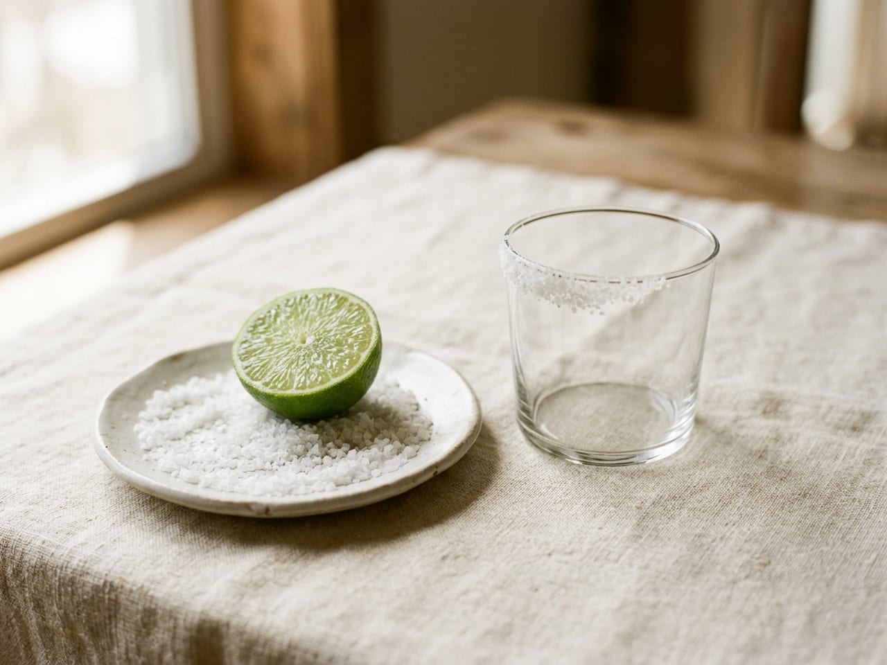 A small white plate of coarse salt with half a lime resting on it, and beside it an empty short tumbler with a band of salt on part of its outside rim