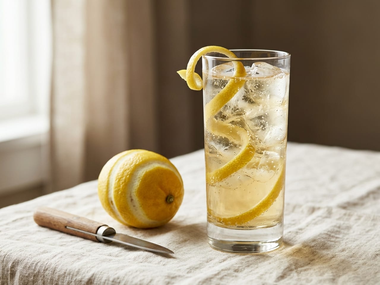 A tall highball glass of ginger ale with a single long unbroken spiral of lemon peel hanging from the rim down into the glass, a small knife and a spiral-peeled lemon beside it