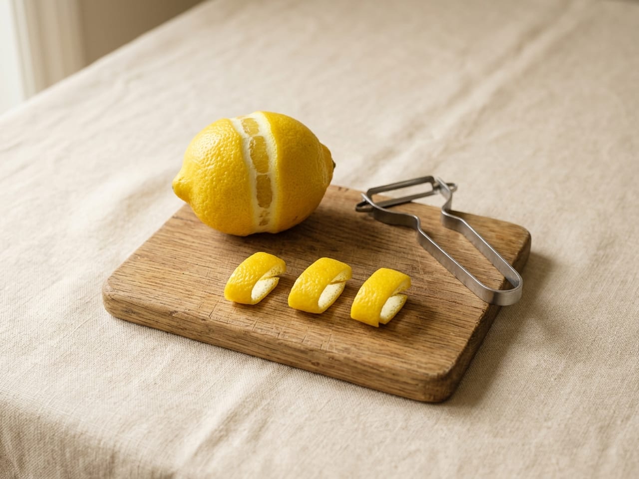 A lemon with strips of zest peeled from it on a small wooden board, a Y-peeler beside it and three short curled lemon twists