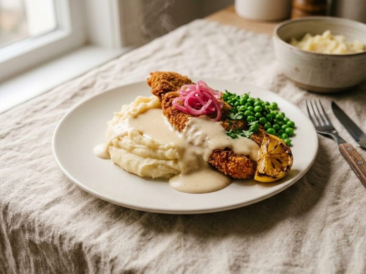 The identical schnitzel plate with green peas and parsley, pickled red onion and a charred lemon wedge added