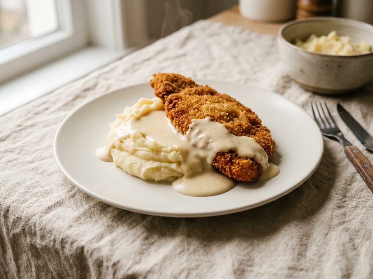 Breaded schnitzel with mashed potatoes and cream sauce on a white plate — everything beige, no garnish